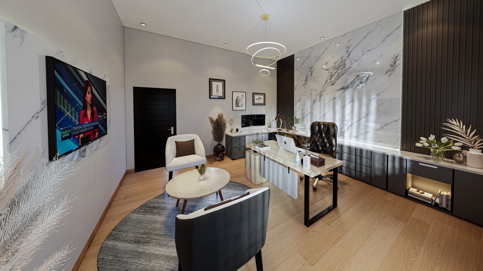 Desain interior kantor minimalis dengan meja kerja dan kursi kulit hitam.