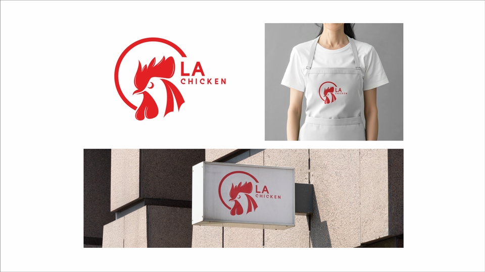 Jasa desain logo restoran dengan logo ayam jantan merah dan tulisan LA CHICKEN