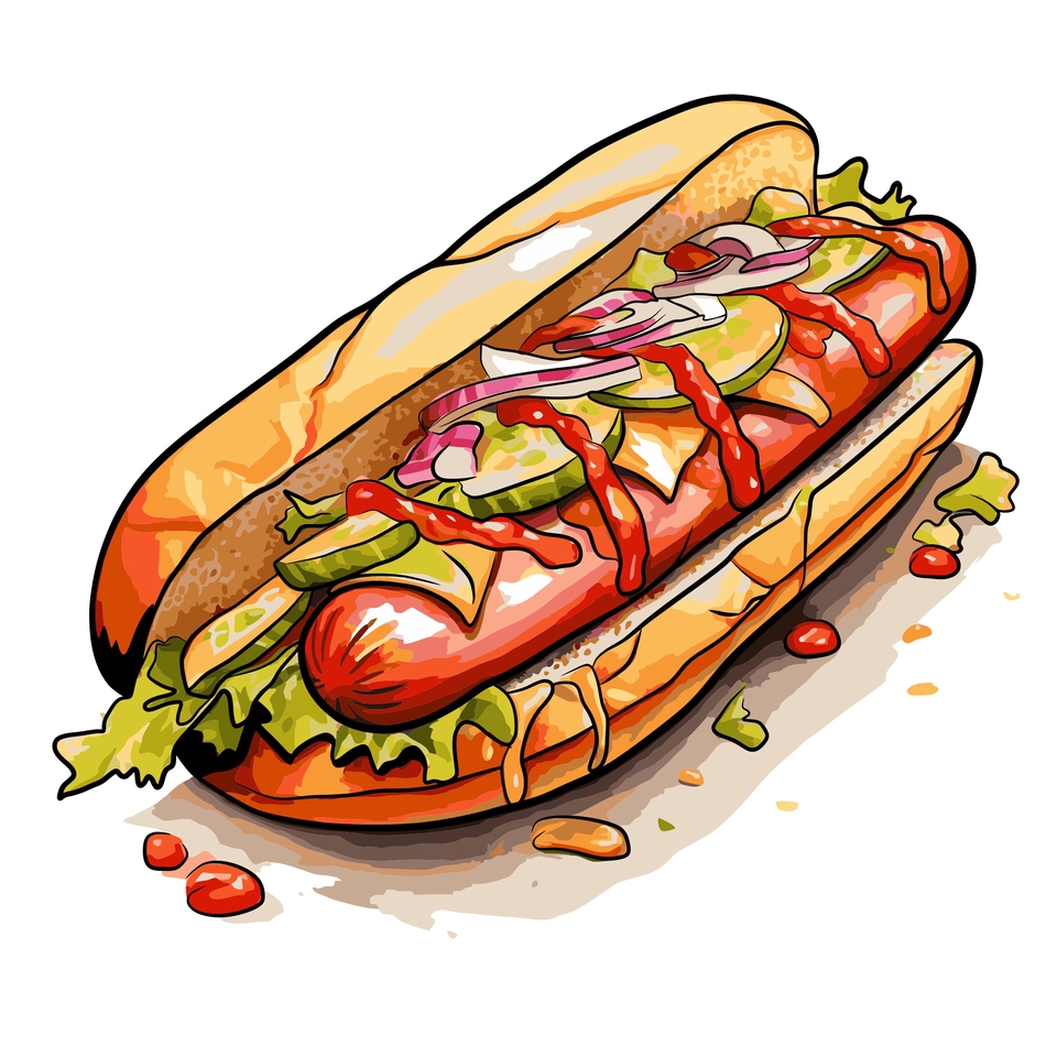 Ilustrasi kartun makanan hotdog dengan isian sosis, bawang merah, acar, dan saus