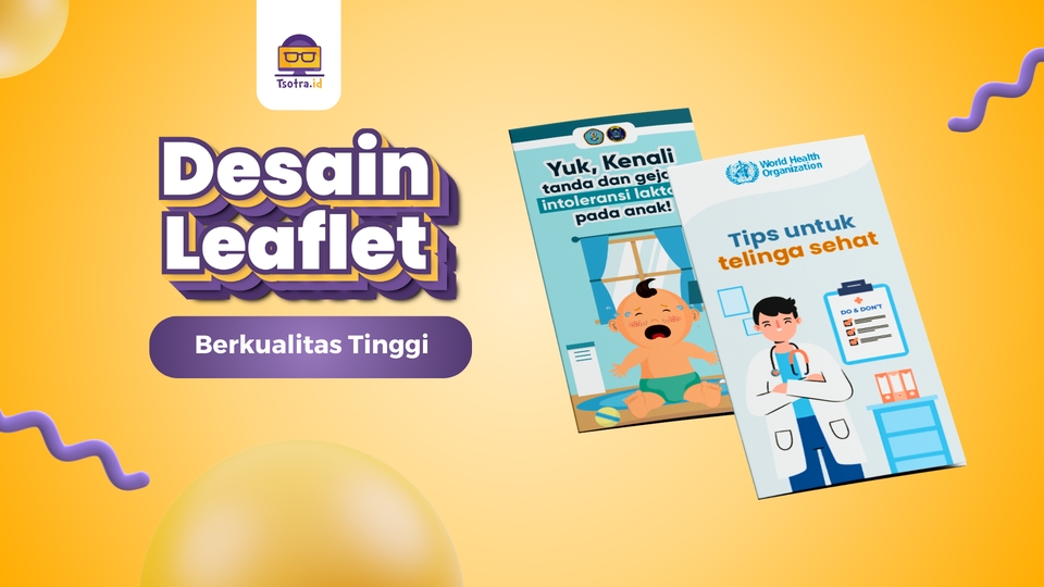 Desain infografis leaflet berkualitas tinggi tentang tanda dan gejala intoleransi laktosa pada anak dan tips untuk telinga sehat.