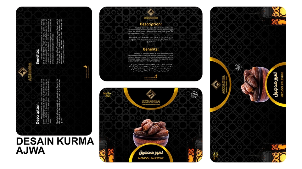Jasa desain kemasan kurma ajwa dengan desain unik dan elegan, cocok untuk branding produk makanan dan snack.