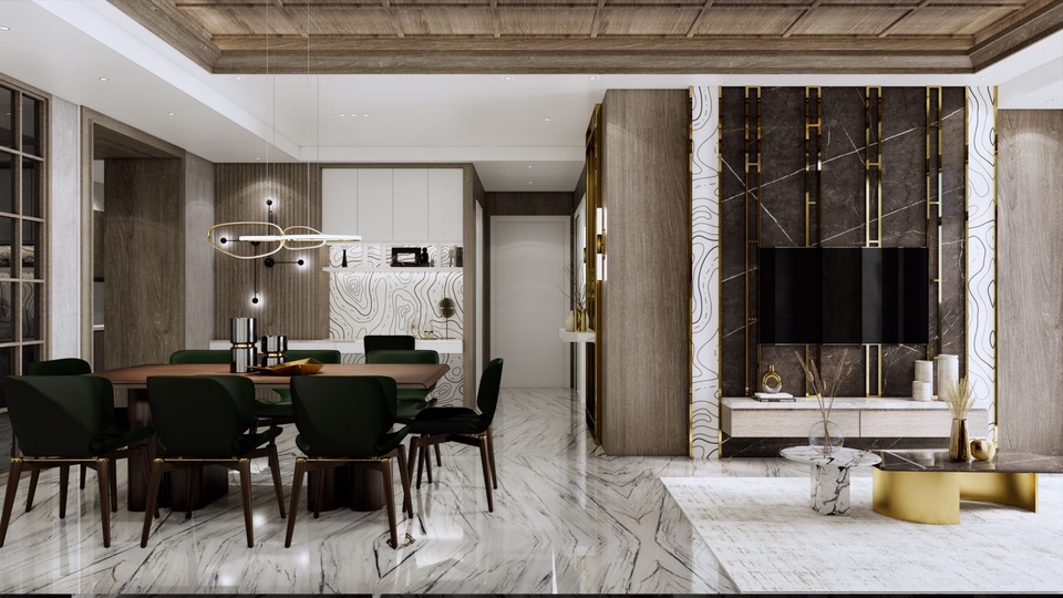 Desain interior rumah minimalis modern dengan ruang makan dan ruang tamu yang luas, cocok untuk jasa desain interior di Indonesia.