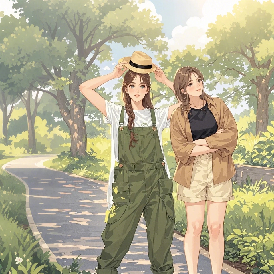 รับวาดรูปภาพประกอบ แนวการ์ตูน ผู้หญิงสองคน ยืนกลางแจ้ง ใส่ชุดน่ารัก