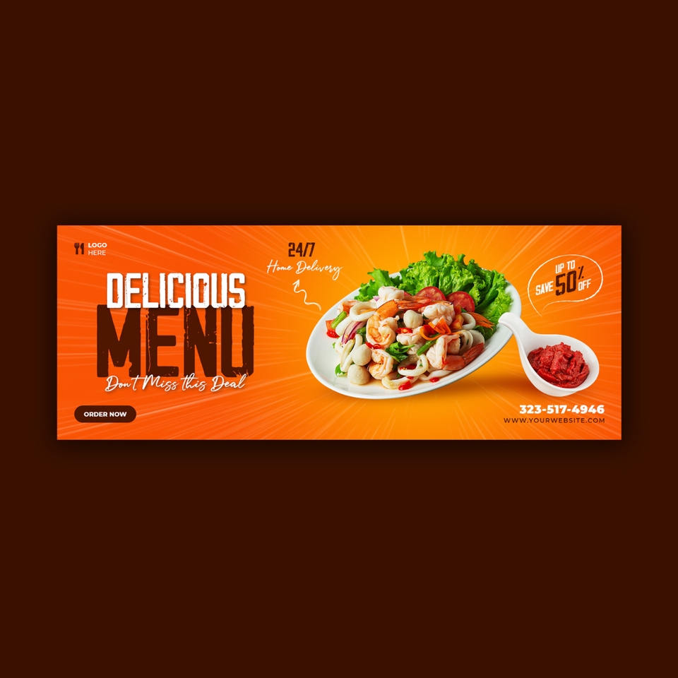 Desain spanduk online untuk restoran dengan desain menu makanan dan promosi diskon 50 persen.