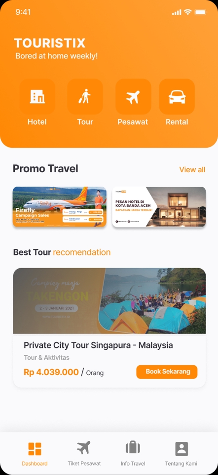 Jasa pembuatan aplikasi Android untuk marketplace tiket wisata dan promo perjalanan.