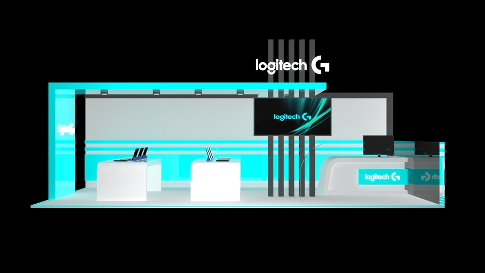 Desain stand pameran Logitech G minimalis dengan warna biru dan putih, cocok untuk jasa desain stand pameran di Indonesia.