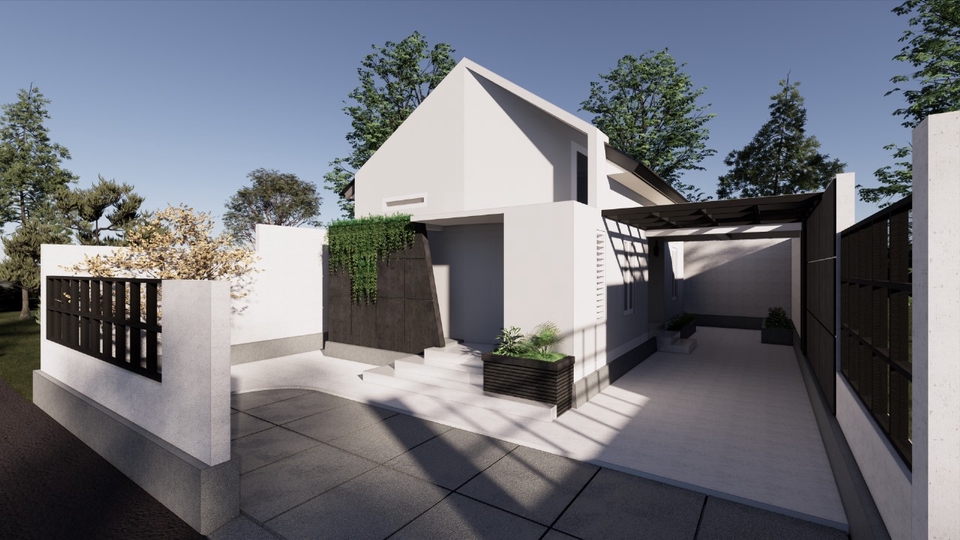 Desain eksterior rumah minimalis modern dengan jasa render 3d untuk proyek arsitektur.