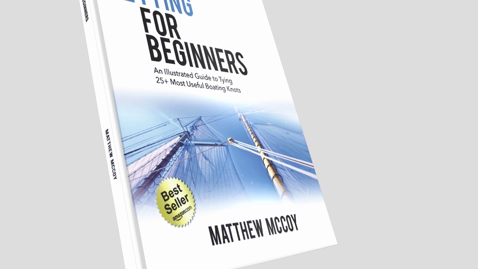 Jasa pembuatan video animasi 3d untuk buku "Knot Tying For Beginners" dengan ilustrasi tali kapal di laut biru.