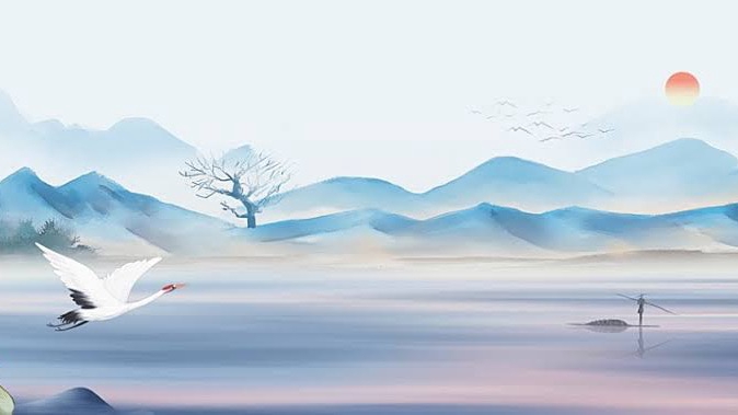 ภาพประกอบนกกระเรียนบินเหนือทิวทัศน์ภูเขาสีฟ้า