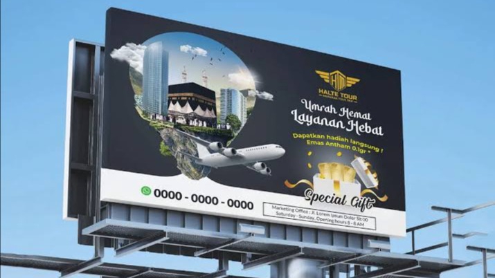 Jasa desain spanduk online dengan harga murah dan desain kreatif untuk promosi umroh.