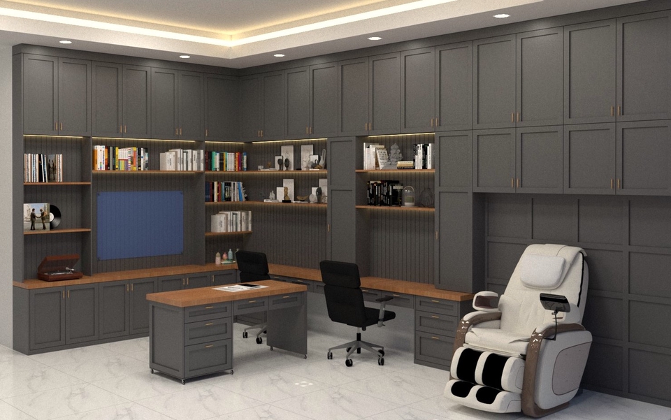 Jasa desain interior kantor minimalis dengan desain furnitur modern dan rak buku untuk ruangan kerja.