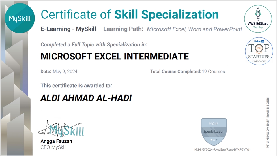 Jasa data entry Excel untuk ALDI AHMAD AL-HADI dengan spesialisasi Microsoft Excel Intermediate.