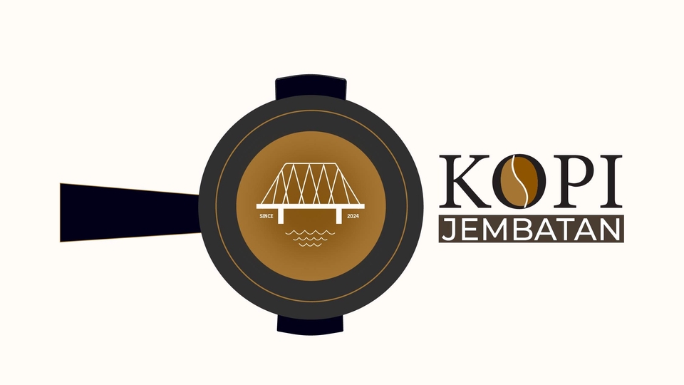 Logo Kopi Jembatan dengan desain bridge dan cangkir kopi, desain logo bisnis makanan minuman.