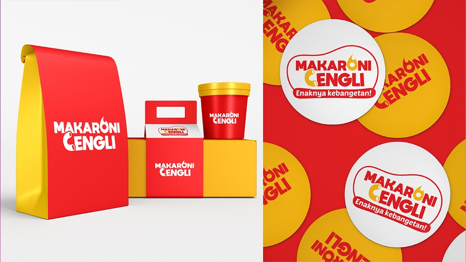 Desain logo makanan dengan logo "Makaroni Cengli" untuk bisnis kuliner