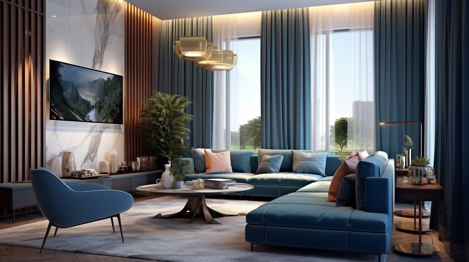 Jasa desain interior rumah minimalis dengan konsep modern dan elegan, desain ruang tamu dengan sofa biru dan dekorasi kayu.