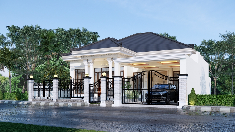 Jasa desain eksterior 3D untuk rumah minimalis modern dengan pagar besi  - contoh desain rumah dan gambar 3d
