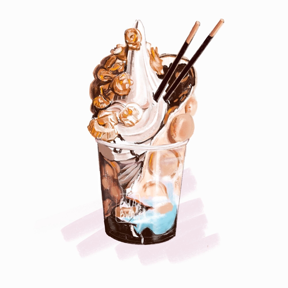 Ilustrasi makanan minuman dessert dengan es krim, buah buahan, dan cokelat, desain grafis