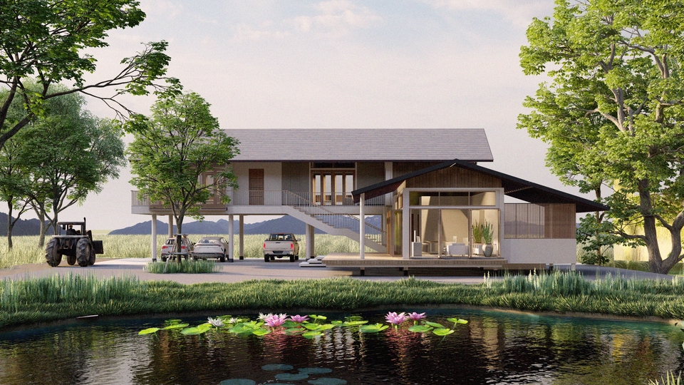 ภาพเรนเดอร์ 3 มิติ บ้านโมเดิร์น ออกแบบ 3d รับเขียนแบบ 3d  บ้านชั้นเดียว ราคาถูก perspective