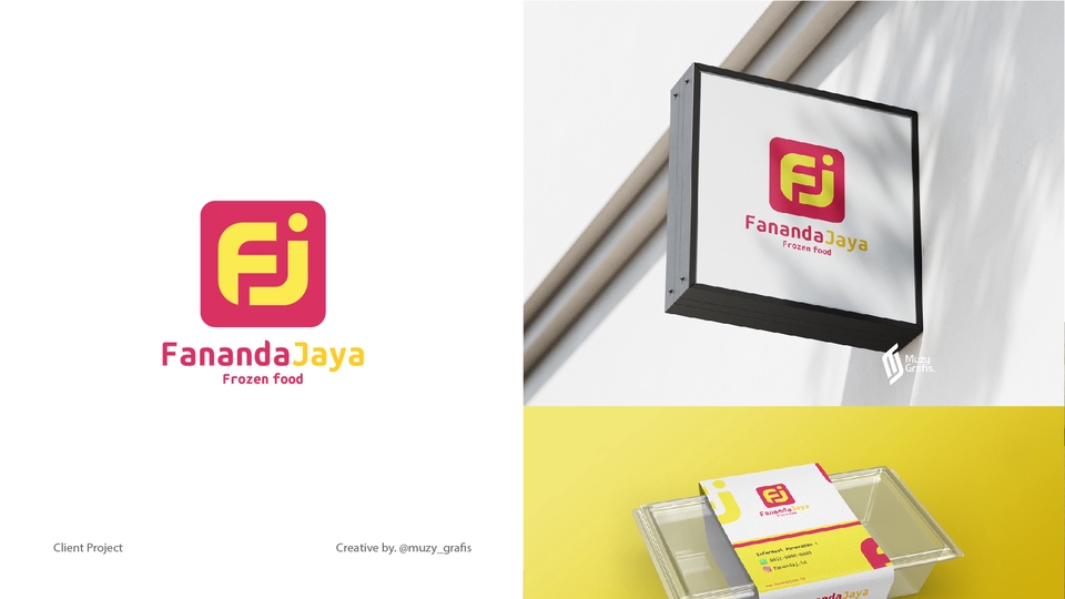 Desain logo restoran frozen food, Fananda Jaya, dengan warna merah dan kuning, desain logo online, logo restoran, logo makanan