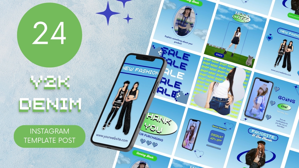 Banner Online - .Template Instagram Y2K Denim Aesthetic – 24 Post Siap Edit (Canva) - 1