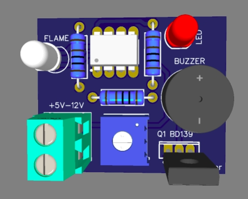 Diagram rangkaian sensor api untuk kursus belajar elektronik online.