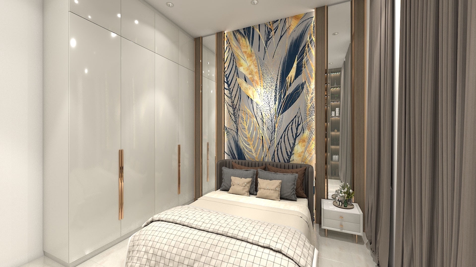 Desain interior apartemen modern dengan konsep minimalis, menampilkan ruangan yang elegan dan nyaman.