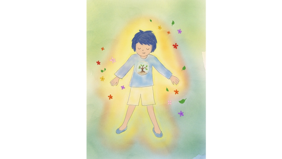 รับวาดรูปเด็กชายยืนกลางแจ้ง สวมเสื้อสีฟ้า กางเกงขาสั้นสีเหลือง ล้อมรอบด้วยดอกไม้สีสันสดใส