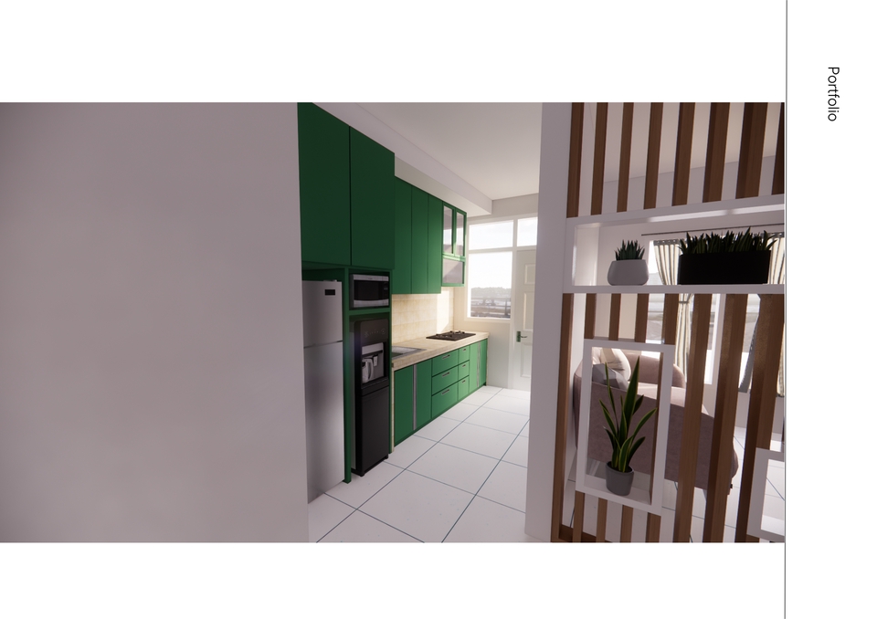 Desain lemari minimalis dengan warna hijau dan kayu untuk ruang makan dan dapur kecil