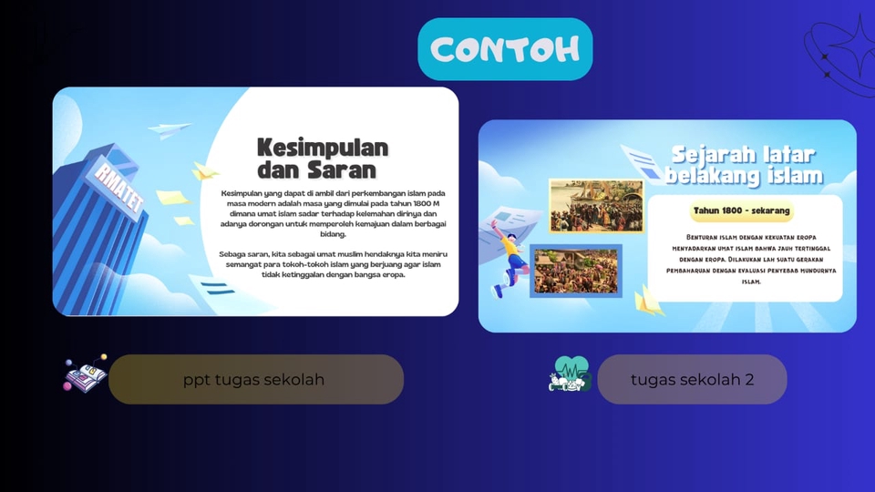 Jasa desain presentasi powerpoint profesional, contoh ppt tugas sekolah sejarah Islam.  Desain slide presentasi menarik dan informatif.