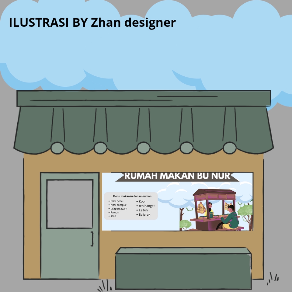 Ilustrasi desain spanduk rumah makan Bu Nur dengan menu makanan dan minuman