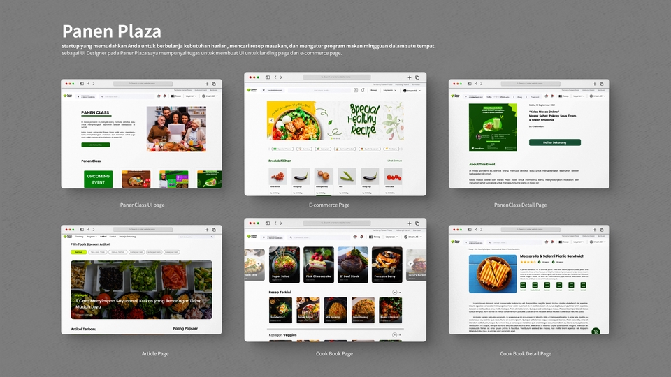 Desain mockup UI UX website restoran untuk Panen Plaza dengan tema makanan sehat