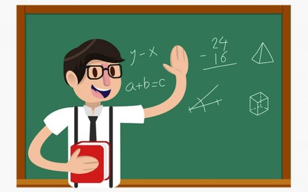 Guru matematika online menjelaskan pelajaran di kelas dengan spidol dan papan tulis.