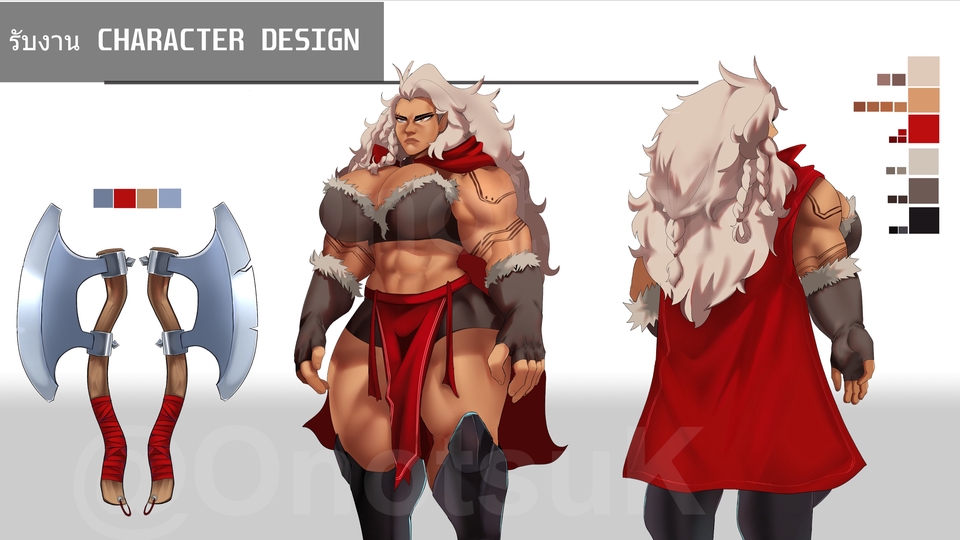ออกแบบตัวละครหญิงนักรบถือขวาน 2 เล่ม