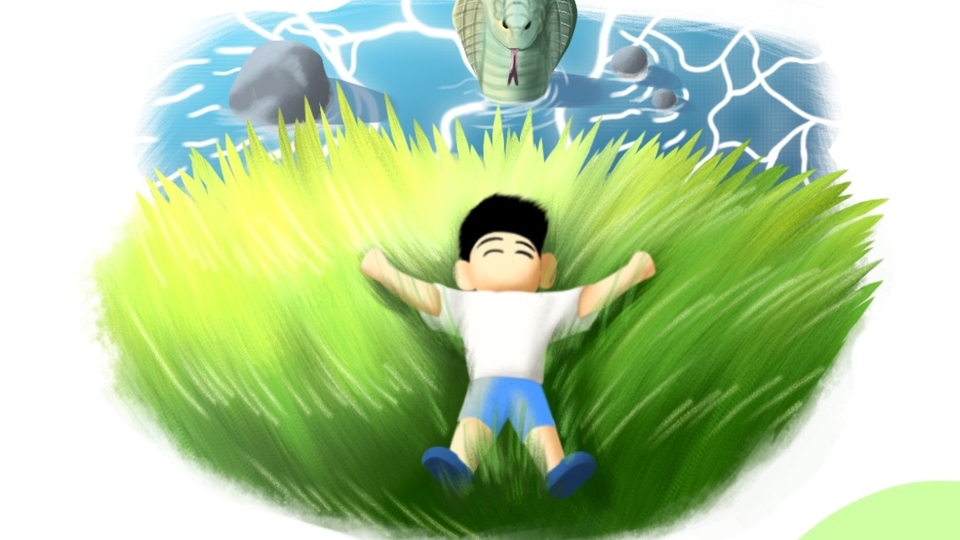 Ilustrasi anak laki-laki berbaring di rumput hijau dengan latar belakang air dan ular.