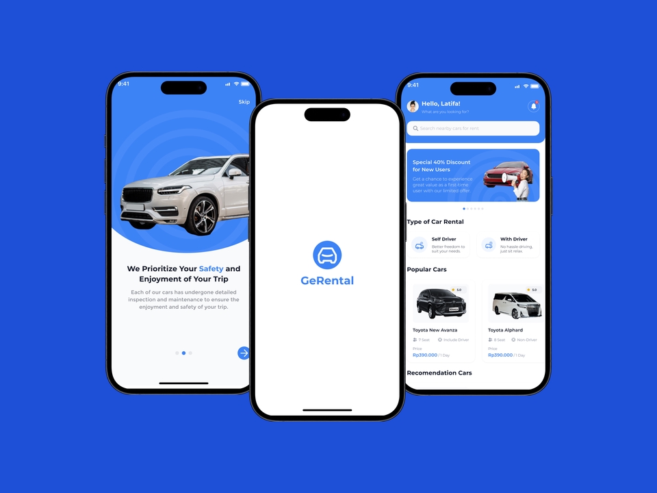 Desain UI UX Mobile App untuk aplikasi rental mobil, menampilkan desain layar aplikasi untuk pengguna.