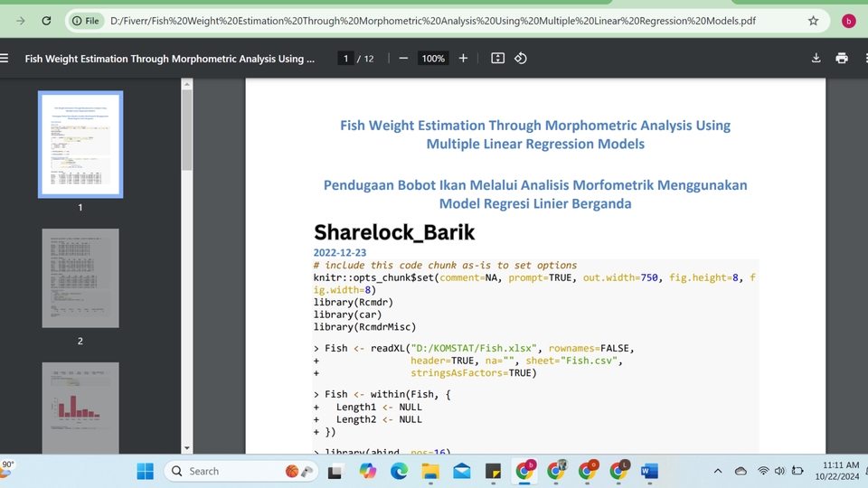 Jasa Analisis Data Statistik dan Regresi Linear Berganda untuk Estimasi Berat Ikan menggunakan R dan Excel.