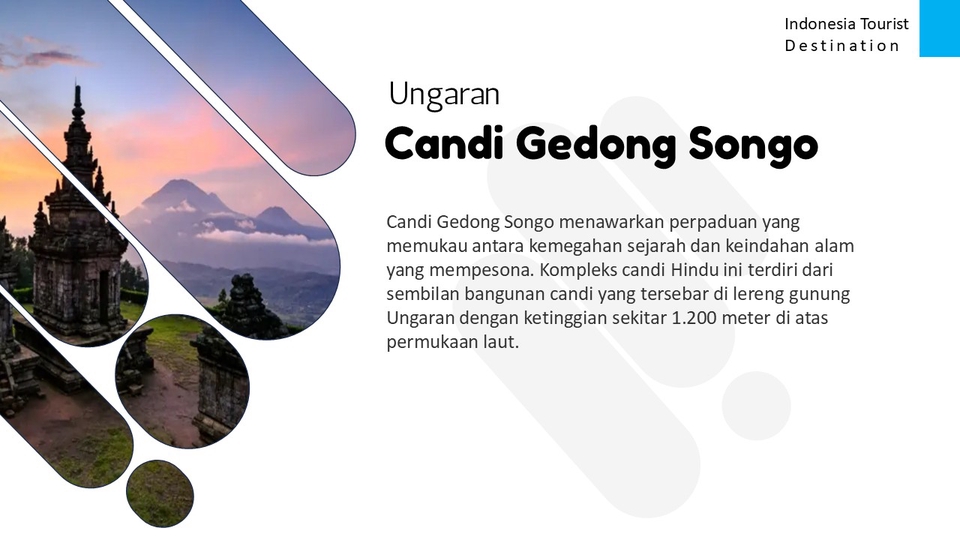 Jasa pembuatan presentasi powerpoint untuk Candi Gedong Songo di Ungaran dengan desain slide presentasi profesional.