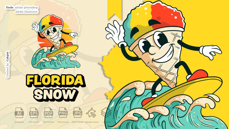 Desain logo es krim Florida Snow dengan tema surfing, cocok untuk usaha kuliner es krim di Indonesia.