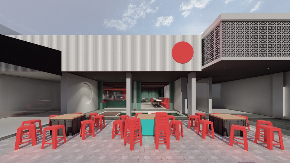 Jasa desain 3d eksterior cafe minimalis dengan kursi merah dan meja kayu