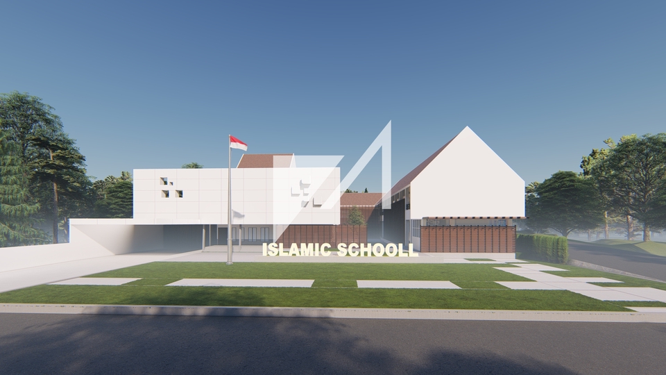 Jasa desain eksterior 3d untuk islamic school, desain arsitektur modern minimalis.