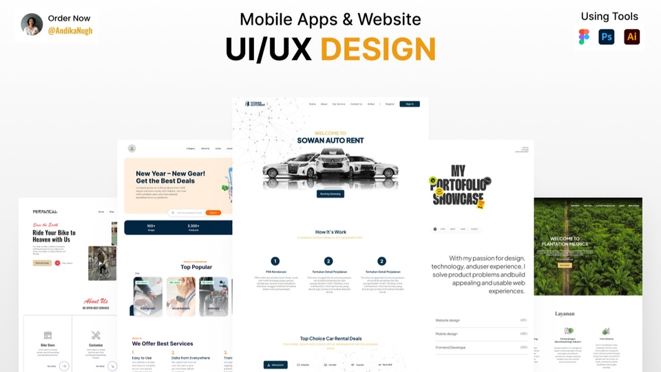 Desain UI UX mobile app dan website untuk bisnis rental mobil, dengan menggunakan software desain seperti Photoshop, Illustrator dan After Effects.