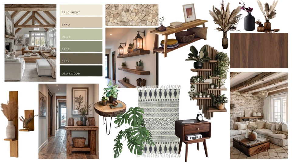 Desain interior minimalis modern dengan furniture kayu dan rak dinding.