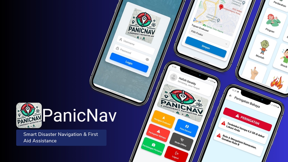 Jasa pembuatan aplikasi mobile PanicNav dengan fitur navigasi dan bantuan pertama untuk bencana, desain UI aplikasi PanicNav.