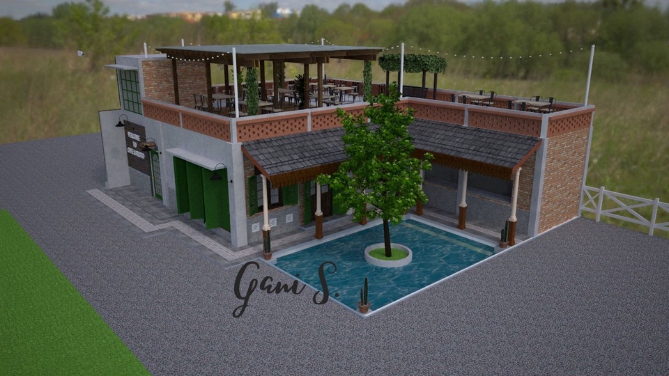Jasa desain interior cafe minimalis modern dengan kolam renang, desain 3d, jasa gambar 3d, desain cafe, jasa desain cafe, interior cafe.