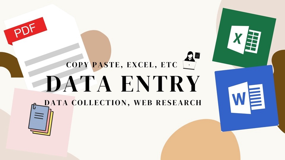 Jasa data entry freelance, jasa excel data entry, jasa pengumpulan data, jasa input data, jasa input data excel, jasa input data online, entri data online, jasa entry data, mengumpulkan data, jasa merangkum data - Ilustrasi pekerjaan data entry yang menampilkan spreadsheet, dokumen PDF, word processor, dan ikon orang yang bekerja di komputer.