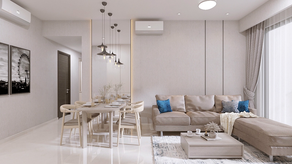 Jasa desain interior rumah minimalis modern dengan ruang makan dan ruang tamu yang luas, cocok untuk hunian keluarga di Indonesia.