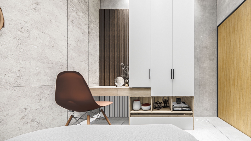 Desain interior ruangan minimalis dengan meja rias, lemari pakaian, dan kursi kayu.