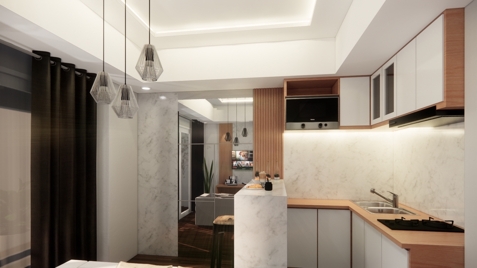 Jasa desain interior rumah minimalis modern dengan kitchen set dan lampu gantung