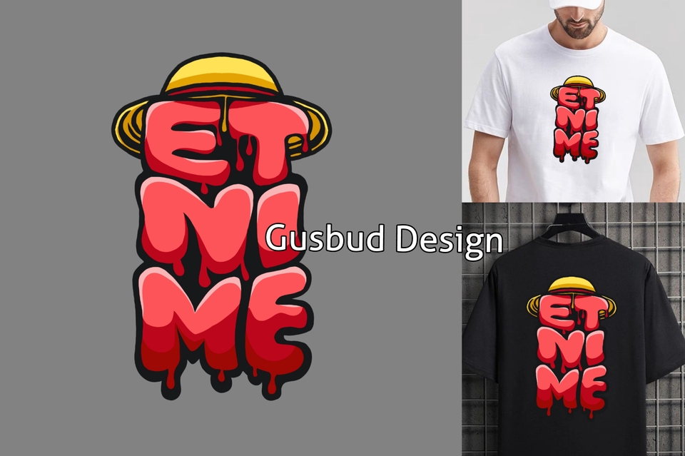 Desain kaos custom dengan motif tulisan "Etnime" dipadukan dengan gambar topi jerami, cocok untuk desain kaos distro dan desain baju keren.