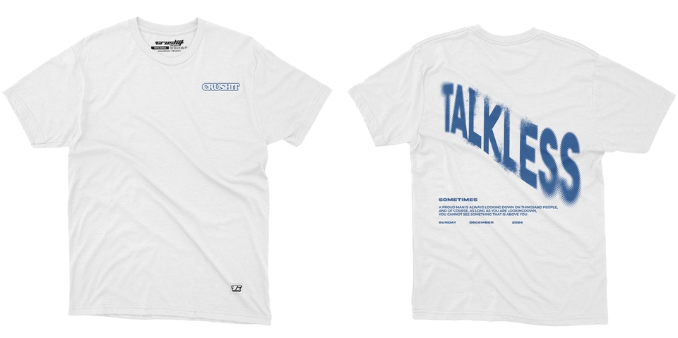 Desain kaos polos dengan tulisan "TALKLESS" dan logo kecil di bagian dada.